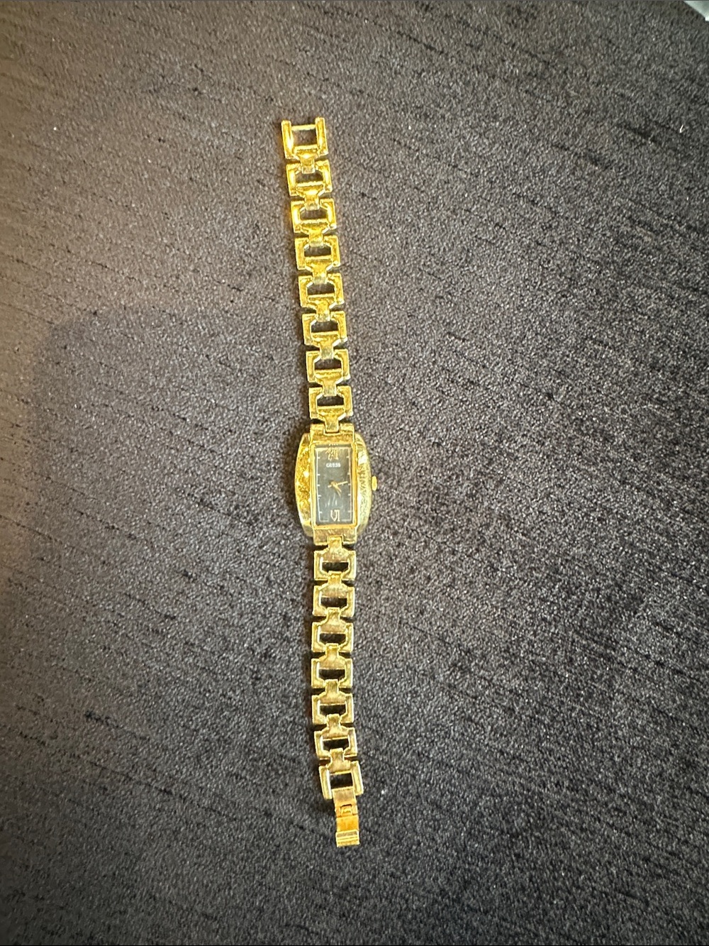 Guess Gold Tone Linked Bracelet Watch with Black Face